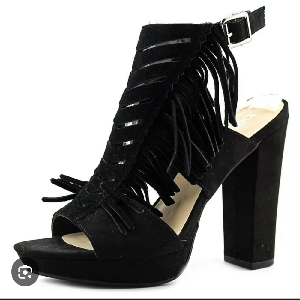 Bar III black fringe sandal with block heel